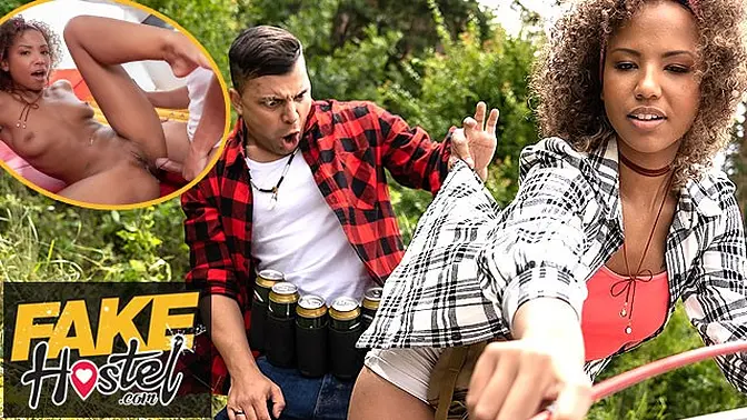 Charming ebony college hottie gets a creampie in fake hostel