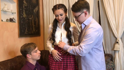Two randy lads summoned a petite pal over for a steamy ménage