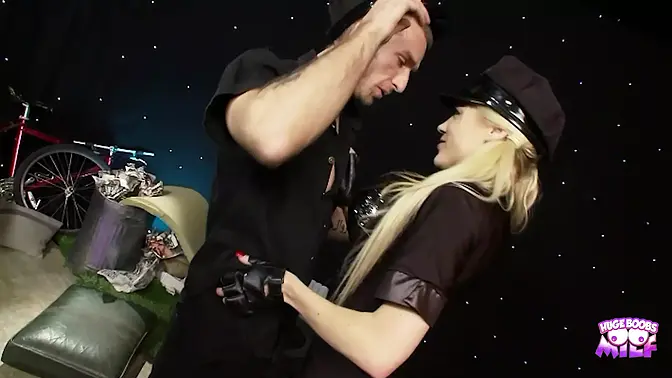 A busty policewoman gives her colleague a sloppy oral sex before getting hard-core drilled