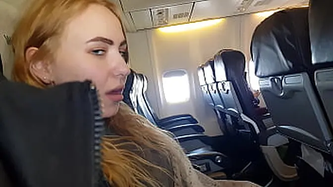 Airplane bathroom: Blonde with big tits gives a sloppy blowjob