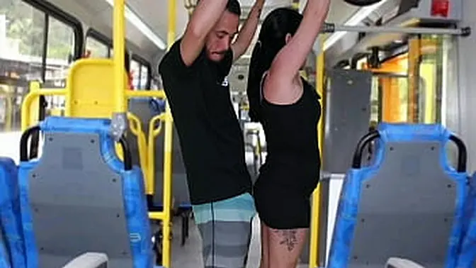 Dirty old man humps busty brunette on public bus