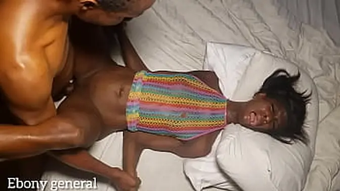 Skinny ebony begs for deep throat while muscular guy pounds her curvy body
