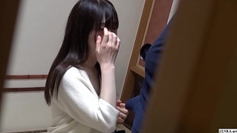 Extremely hairy unfaithful freshly married Japanese wife engages in cuckolding while her elated husband watches beginning with the teasing of a blowjob followed by stripping stark naked