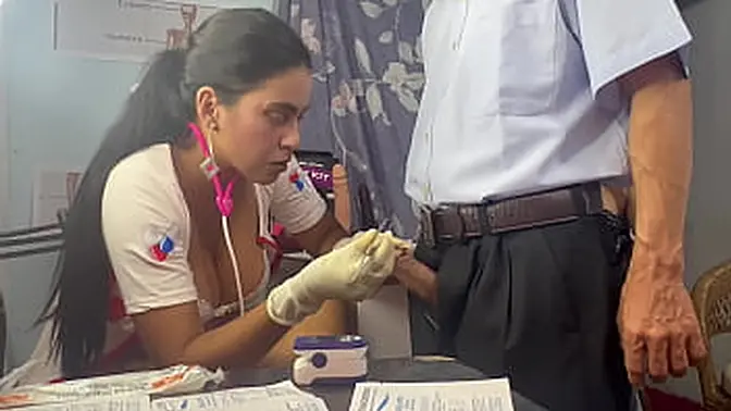 doc threesome &mdash;  she extracts his cum and fucks the sexy &mdash;  large-boobed &mdash;  curvy patient