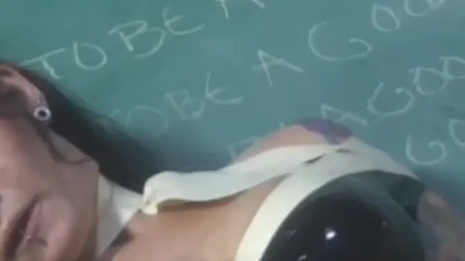 Latex sub gets spanked and dildo fucked in detention domina play