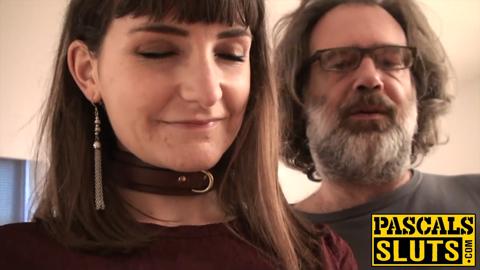Sub girl with big boobs fucks with leash around her neck