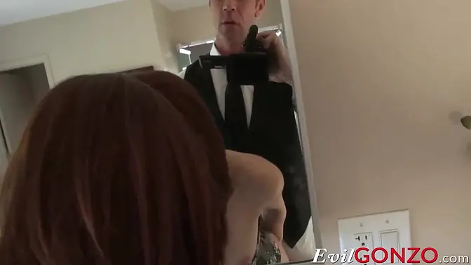 Tattooed brunette Kiera Winters deepthroats his massive cock