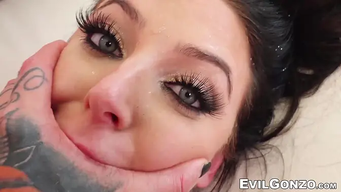 Big-titted babe gets double penetrated and gives sloppy head