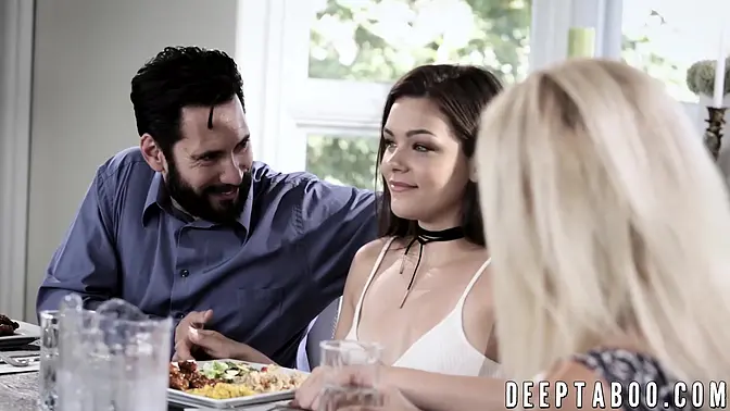 Dark-haired hunk's big cock facials his step-daughter