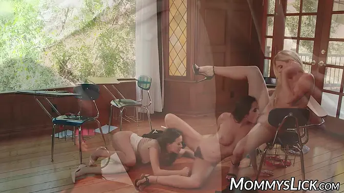 Blonde teacher and Asian stepmom lick each other's pussy in a steamy lesbo trio