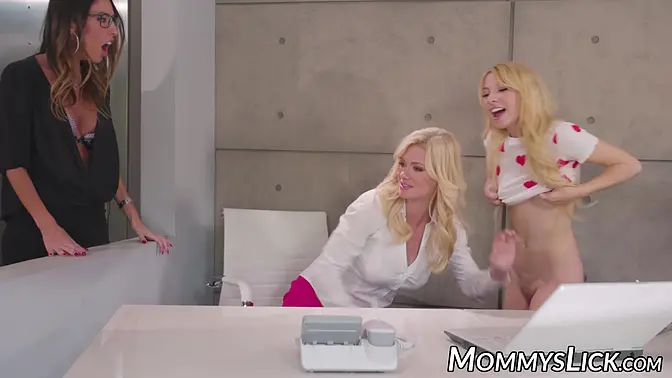 Blonde milf Kenzie Reeves gets eaten out and involved in a workplace lesbo threesome