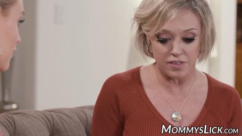 Sweet blonde girl watches stepmom masturbate beside her