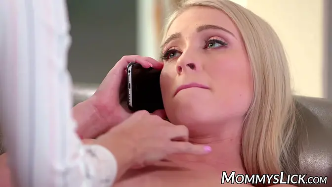 Seductive MILF licks teen's pussy while talking to her BF