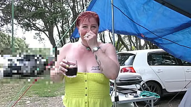 MILF Bitch Shows Tits & Pussy at Camping Ground