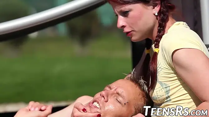 Tiny sluts lure bare man by pool then take him