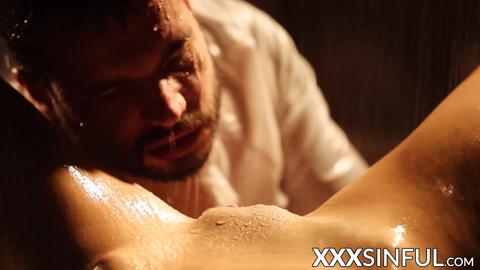 Sinful babe rides and sucks big cock on the rain