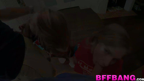 Young blonde duo sucking giftwrapped cock before doggystyle