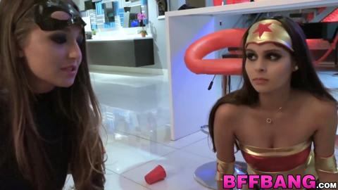 Raunchy babes in costumes pussy drilled on Halloween night