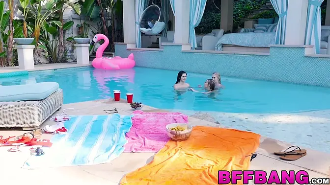 Hot lesbian pool fun with three eager young sluts