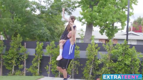 Tiny brunette Sia Wood and I played basketball before I shoot my cock into her holes