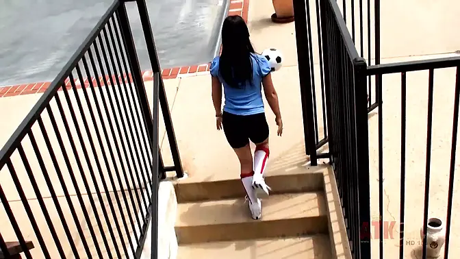 Tattooed soccer babe eats huge cock after practice