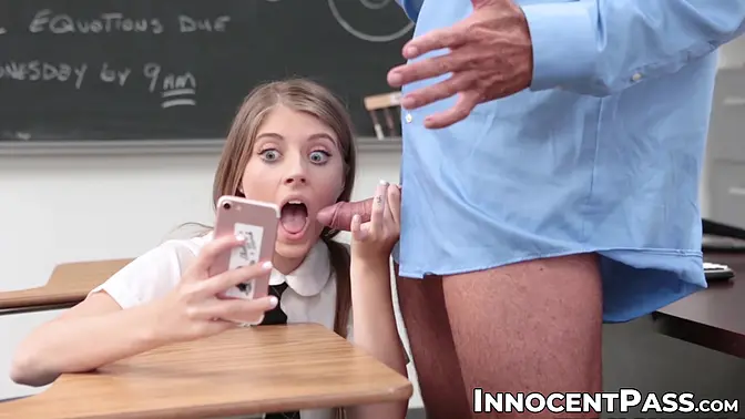 Innocent-looking brunette Alyce Anderson dominates professor's big cock