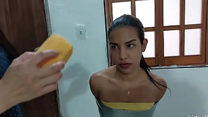 Latina teen glam model bound and gagged in lezdom bondage session