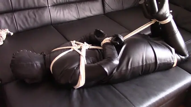 Hot milf wife in leather hood and hogtied