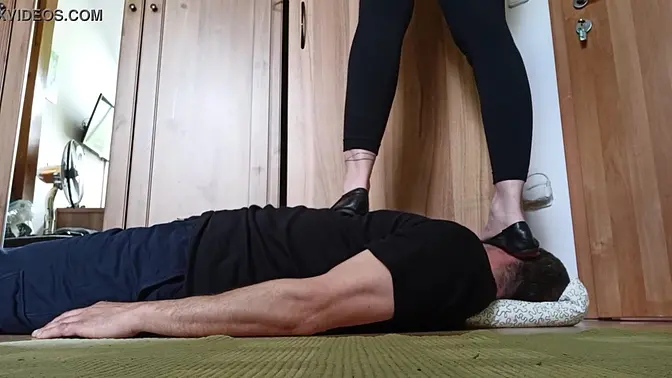 Fullweight woman tramples on his face