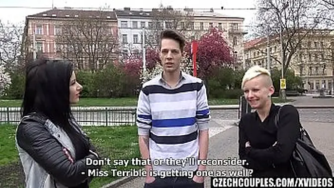 Shy blonde and busty brunette share guy in a foursome