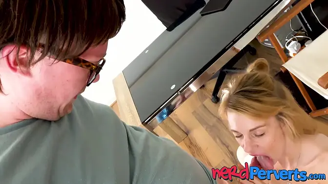 Teen blonde gets tricked into giving a blowjob to a British nerd