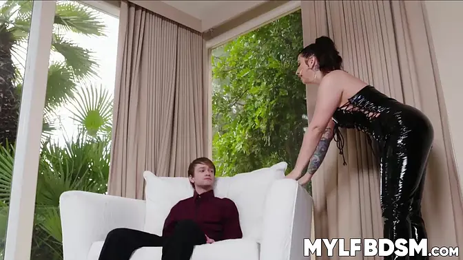 Tattooed MILF dominates young guy with a deepthroat blowjob and pussy licking