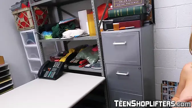 Petite blonde caught stealing gives deepthroat blowjob and rides cock