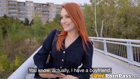 Russian red head Clemence Audiard tempts a man for hardcore sex outdoors
