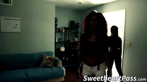 Hot ebony chicks Chanell and Daisy fuck hard in the cottage