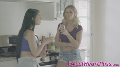 Young lesbian babes tongue bang each other with passion