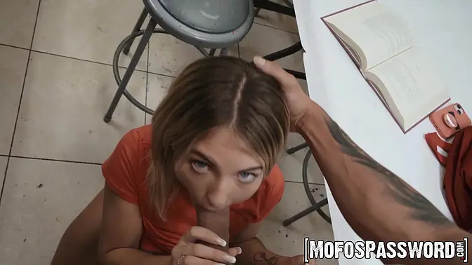 Blonde Emma Bugg takes hung dudes fat dick inside their classroom