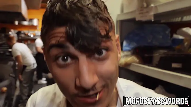 Gangbang in the kitchen - Violet Gem gets throat-fucked by multiple studs