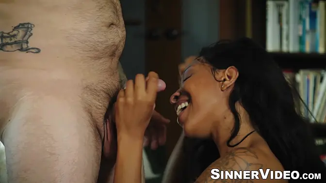 Busty ebony babe swallows cock before getting fucked in reverse cowgirl