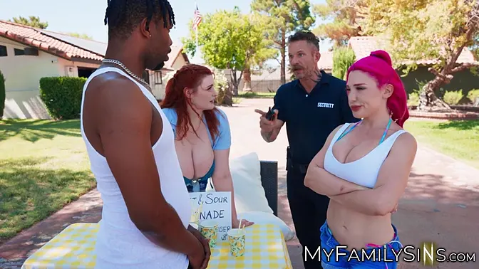 Two sexy redheads ride and suck security guard's big dick