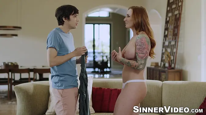 Redhead MILF Sophia Locke humps huge long dick and licks her busty pussy