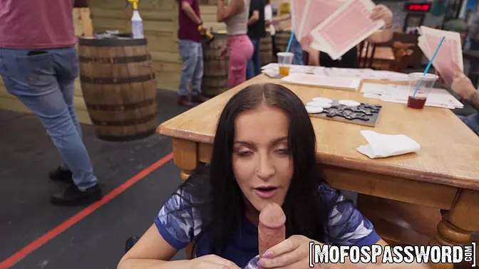 Busty brunette Serena Sterling rides and sucks big cock in public