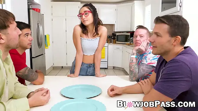 Teen babe Isabella Nice deepthroats and takes cum on her face in a blowjob orgy