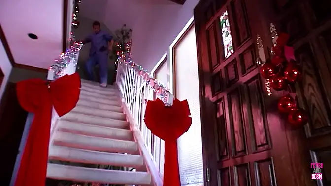 During Christmas Blonde Babe with Large Fake Juggs Gets Banged by a Hung Lover