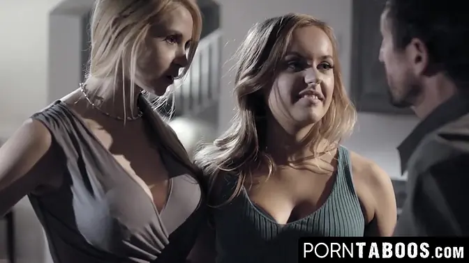 Busty blonde MILF and teen girlfriend have a hardcore threeway with hung guy