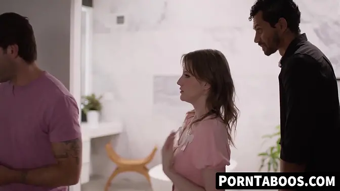 Blonde teen Melody Marks gets spitroasted by her hung boyfriend and black stud