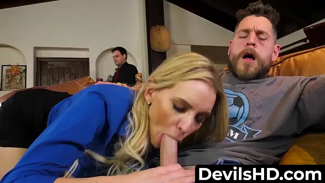 Blonde milf wife sucks off large dong in front of cuckold husband