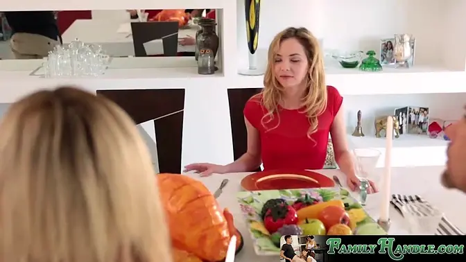 Petite blonde Angel Smalls gives stepbro a Thanksgiving treat