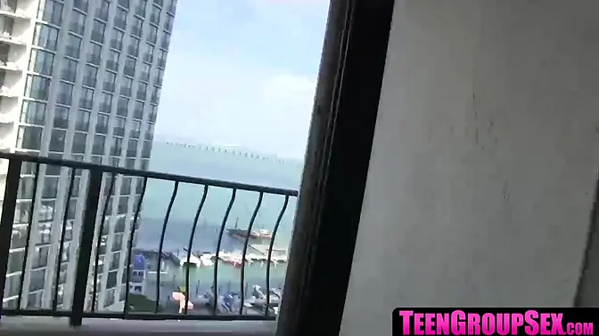 Cute teens enjoy wild sex party with lucky stud