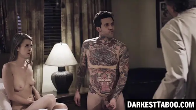 Stepdaddy and Boyfriend Double Team Teen GF for Taboo Threesome